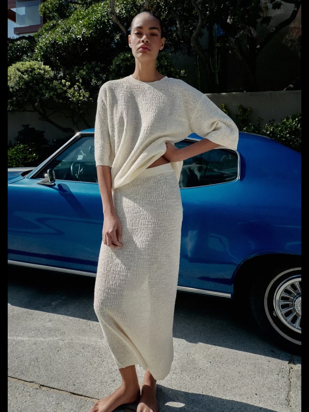 Zara Ecru Structured Knit Straight Midi Skirt S Cream Elastic Waist NWT